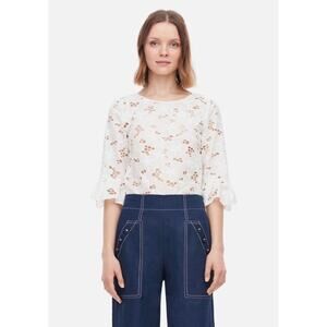 Rebecca Taylor Adriana Floral Eyelet Ruffle Sleeve Sheer Pullover Blouse White 2
